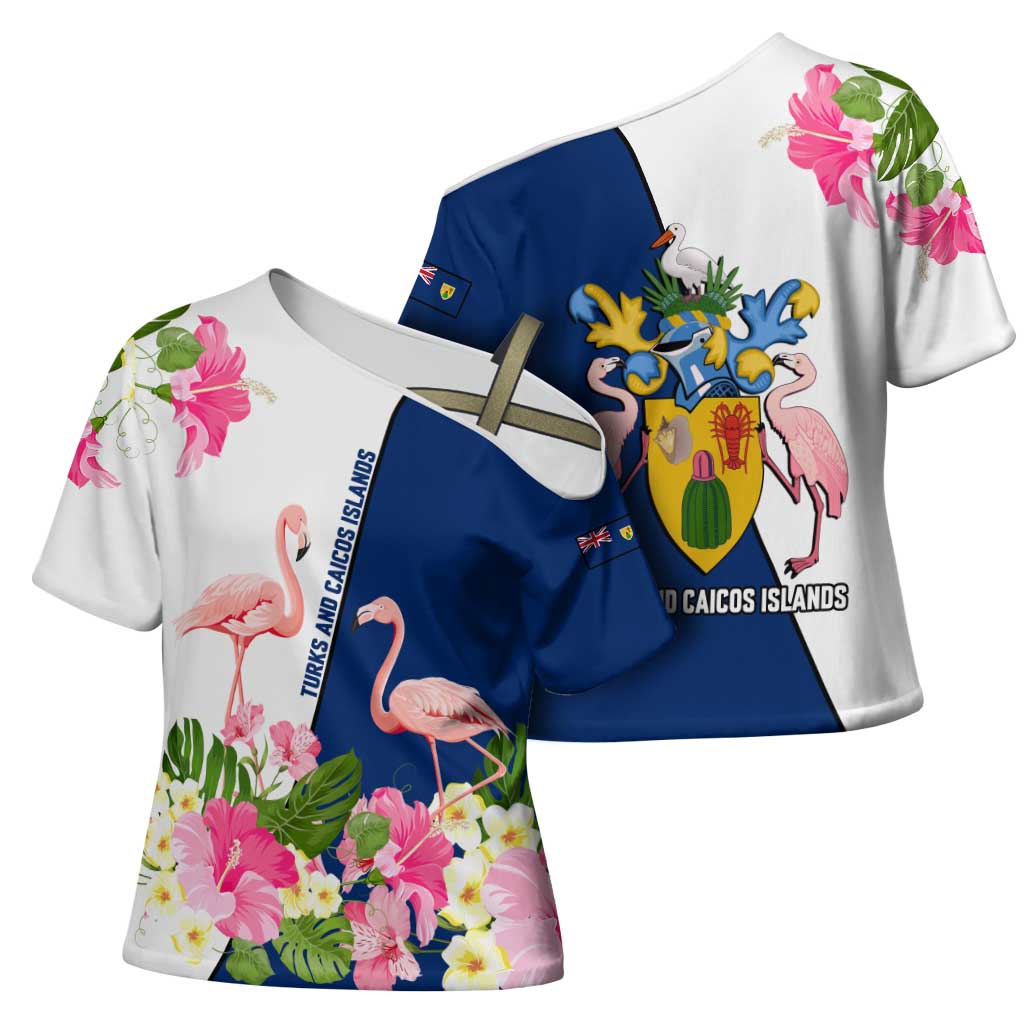 Turks and Caicos Islands Cross Shoulder Shirt with Flamingos Floral Pattern and National Crest Design - Wonder Print Shop