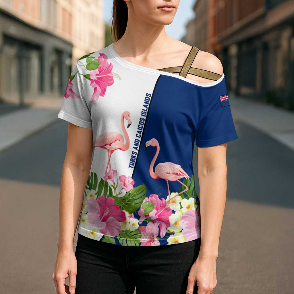 Turks and Caicos Islands Cross Shoulder Shirt with Flamingos Floral Pattern and National Crest Design - Wonder Print Shop