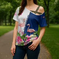 Turks and Caicos Islands Cross Shoulder Shirt with Flamingos Floral Pattern and National Crest Design - Wonder Print Shop