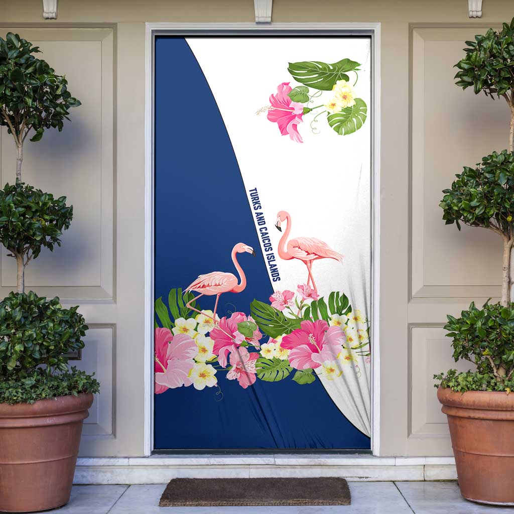 Turks and Caicos Islands Door Cover with Flamingos Floral Pattern and National Crest Design - Wonder Print Shop