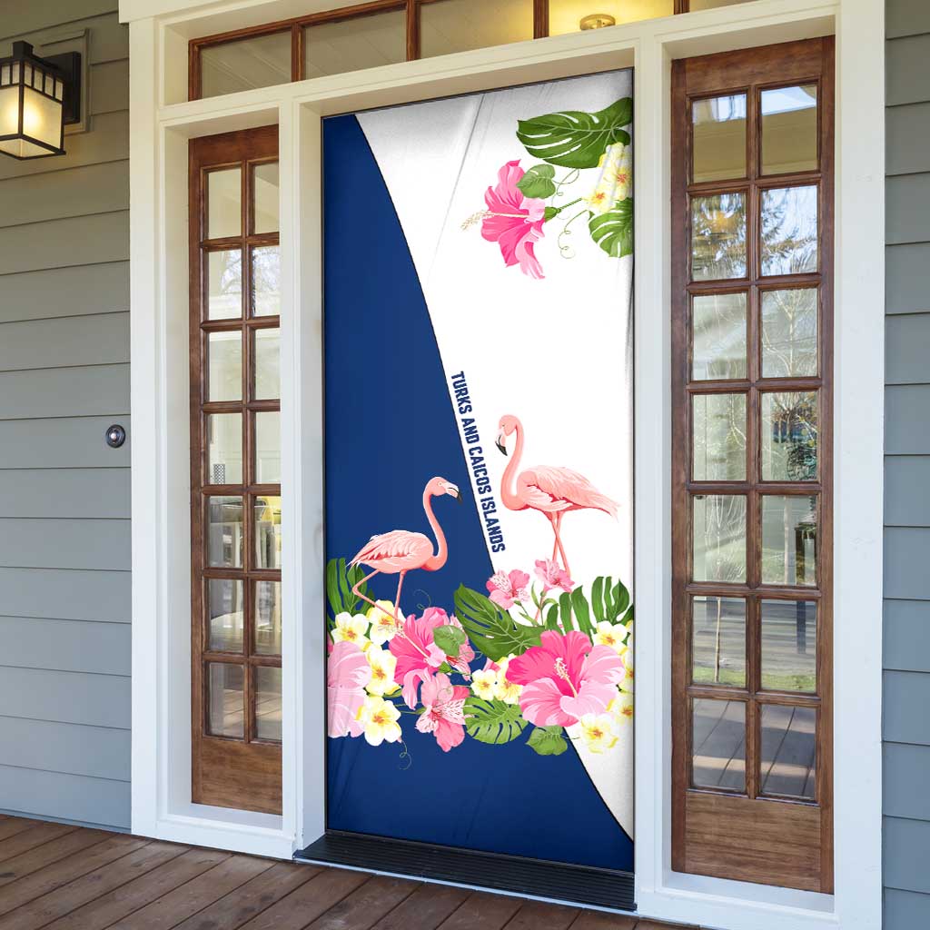 Turks and Caicos Islands Door Cover with Flamingos Floral Pattern and National Crest Design - Wonder Print Shop