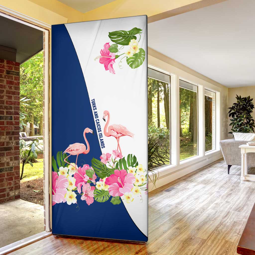 Turks and Caicos Islands Door Cover with Flamingos Floral Pattern and National Crest Design - Wonder Print Shop