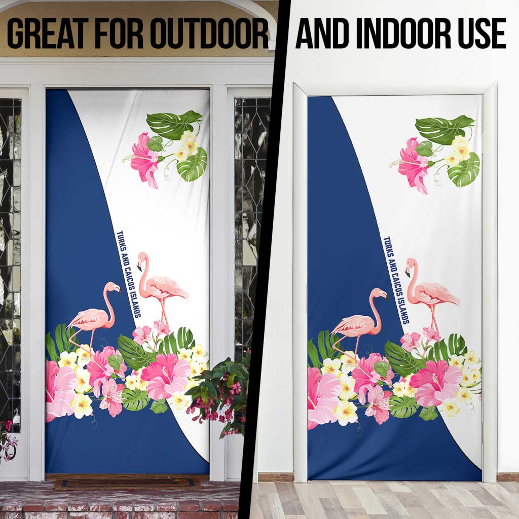 Turks and Caicos Islands Door Cover with Flamingos Floral Pattern and National Crest Design - Wonder Print Shop