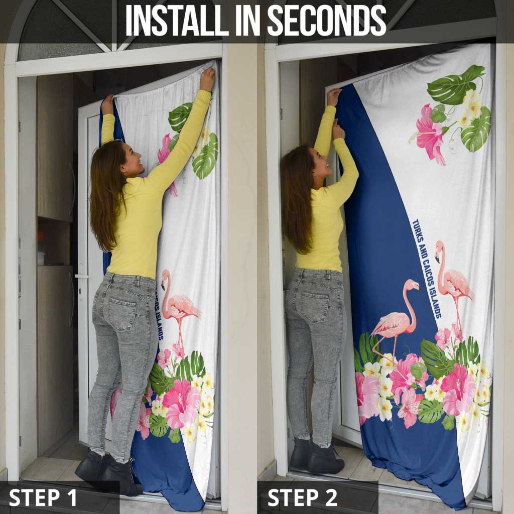 Turks and Caicos Islands Door Cover with Flamingos Floral Pattern and National Crest Design - Wonder Print Shop