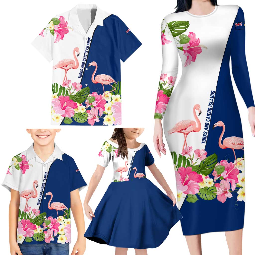 Turks and Caicos Islands Family Matching Long Sleeve Bodycon Dress and Hawaiian Shirt with Flamingos Floral Pattern and National Crest Design - Wonder Print Shop