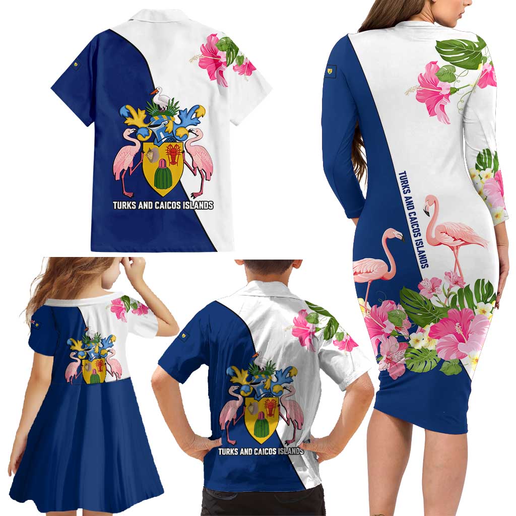 Turks and Caicos Islands Family Matching Long Sleeve Bodycon Dress and Hawaiian Shirt with Flamingos Floral Pattern and National Crest Design - Wonder Print Shop