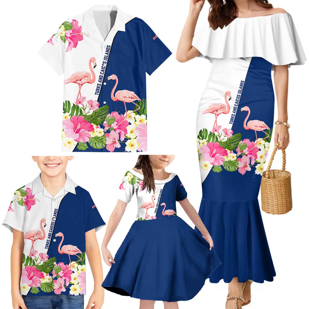 Turks and Caicos Islands Family Matching Mermaid Dress and Hawaiian Shirt with Flamingos Floral Pattern and National Crest Design - Wonder Print Shop