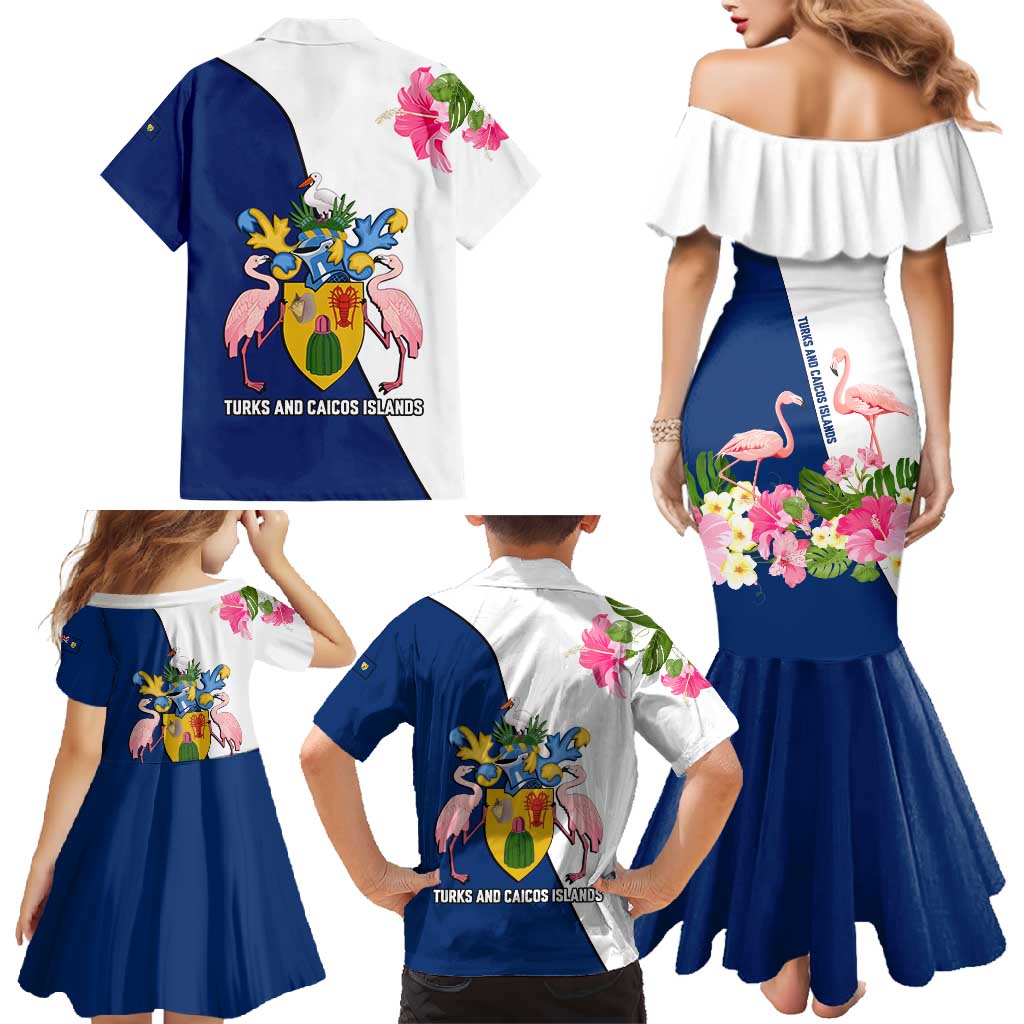 Turks and Caicos Islands Family Matching Mermaid Dress and Hawaiian Shirt with Flamingos Floral Pattern and National Crest Design - Wonder Print Shop