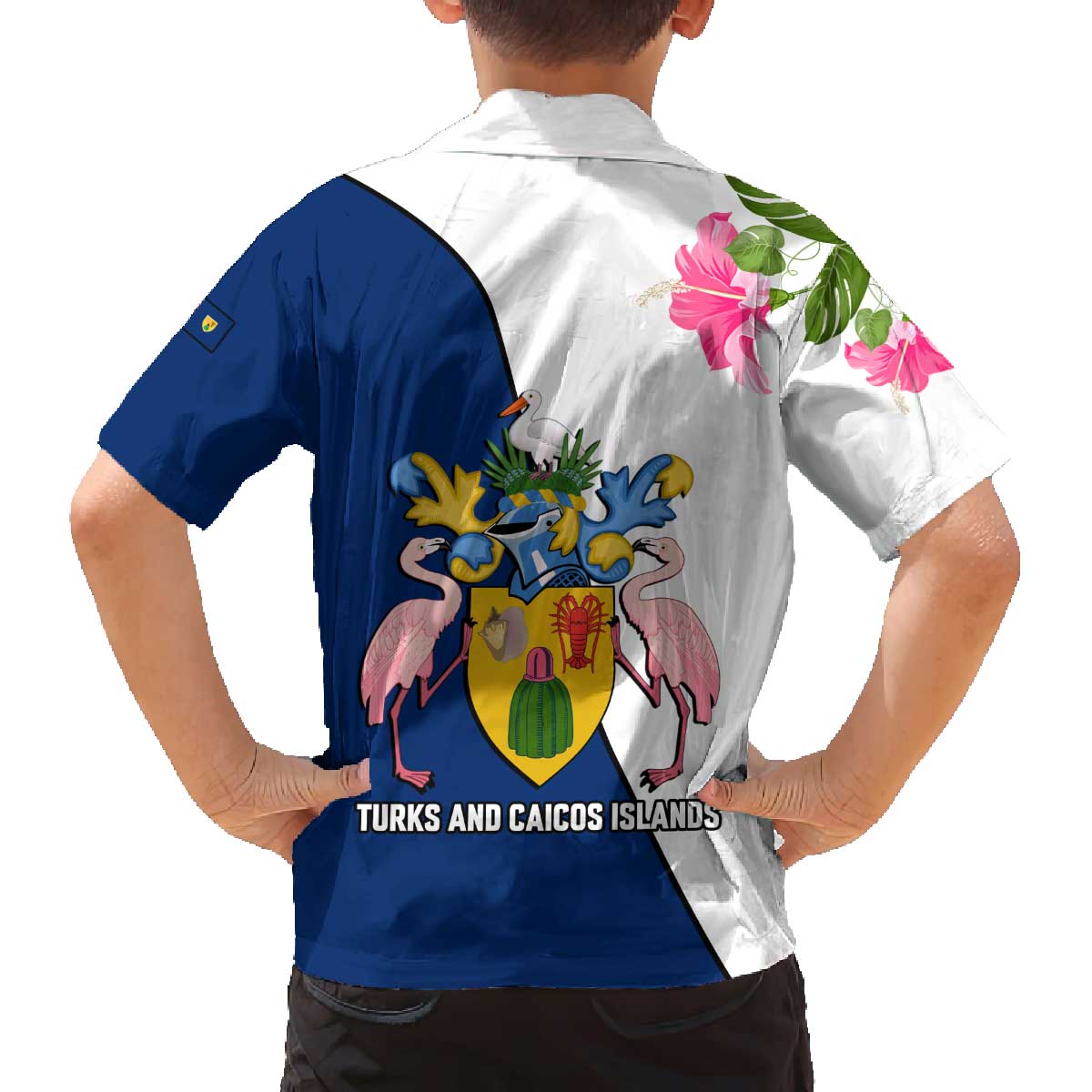 Turks and Caicos Islands Family Matching Off The Shoulder Long Sleeve Dress and Hawaiian Shirt with Flamingos Floral Pattern and National Crest Design - Wonder Print Shop