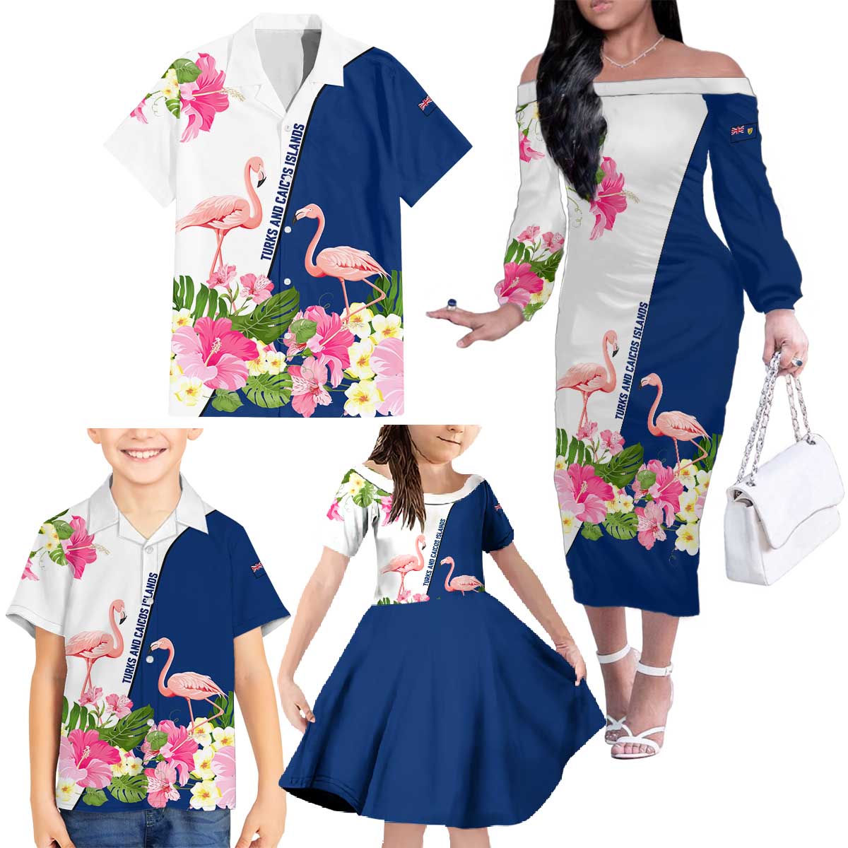 Turks and Caicos Islands Family Matching Off The Shoulder Long Sleeve Dress and Hawaiian Shirt with Flamingos Floral Pattern and National Crest Design - Wonder Print Shop
