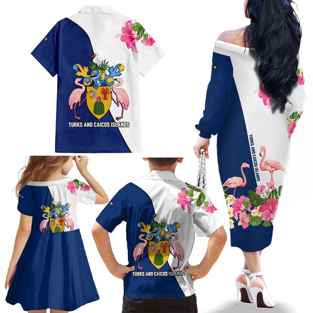 Turks and Caicos Islands Family Matching Off The Shoulder Long Sleeve Dress and Hawaiian Shirt with Flamingos Floral Pattern and National Crest Design - Wonder Print Shop