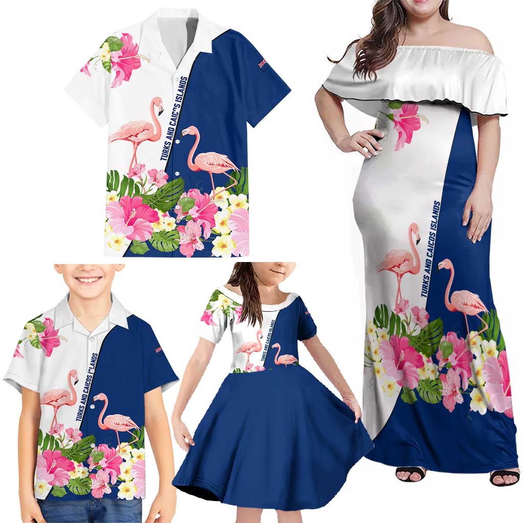 Turks and Caicos Islands Family Matching Off Shoulder Maxi Dress and Hawaiian Shirt with Flamingos Floral Pattern and National Crest Design - Wonder Print Shop