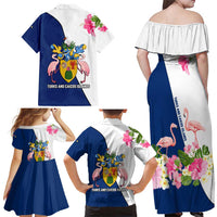Turks and Caicos Islands Family Matching Off Shoulder Maxi Dress and Hawaiian Shirt with Flamingos Floral Pattern and National Crest Design - Wonder Print Shop
