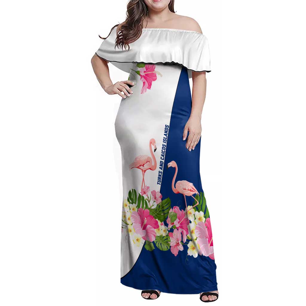 Turks and Caicos Islands Family Matching Off Shoulder Maxi Dress and Hawaiian Shirt with Flamingos Floral Pattern and National Crest Design - Wonder Print Shop