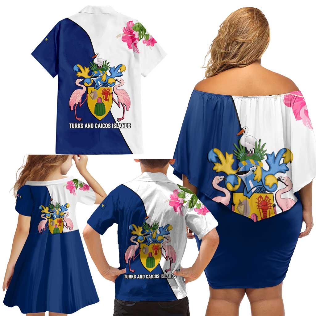 Turks and Caicos Islands Family Matching Off Shoulder Short Dress and Hawaiian Shirt with Flamingos Floral Pattern and National Crest Design - Wonder Print Shop