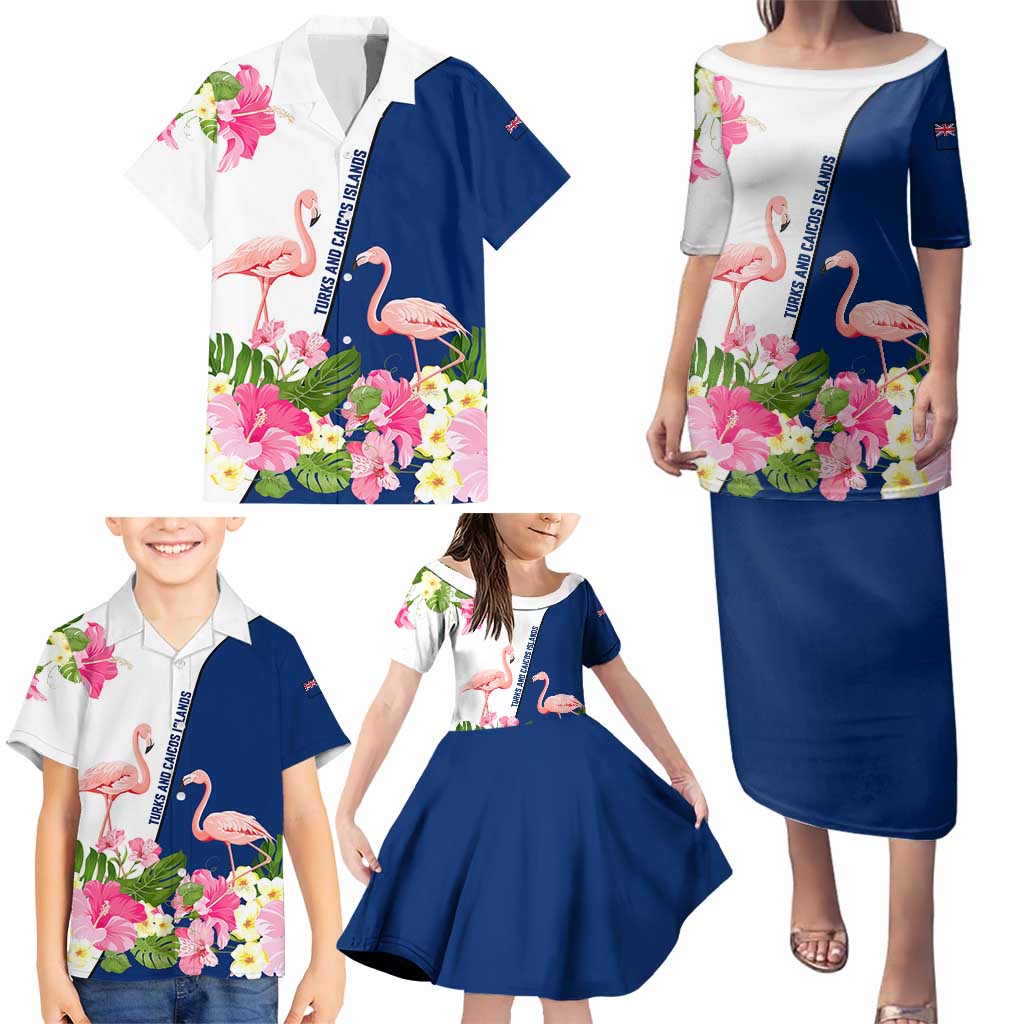 Turks and Caicos Islands Family Matching Puletasi and Hawaiian Shirt with Flamingos Floral Pattern and National Crest Design - Wonder Print Shop