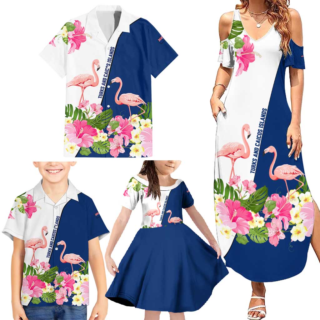 Turks and Caicos Islands Family Matching Summer Maxi Dress and Hawaiian Shirt with Flamingos Floral Pattern and National Crest Design - Wonder Print Shop
