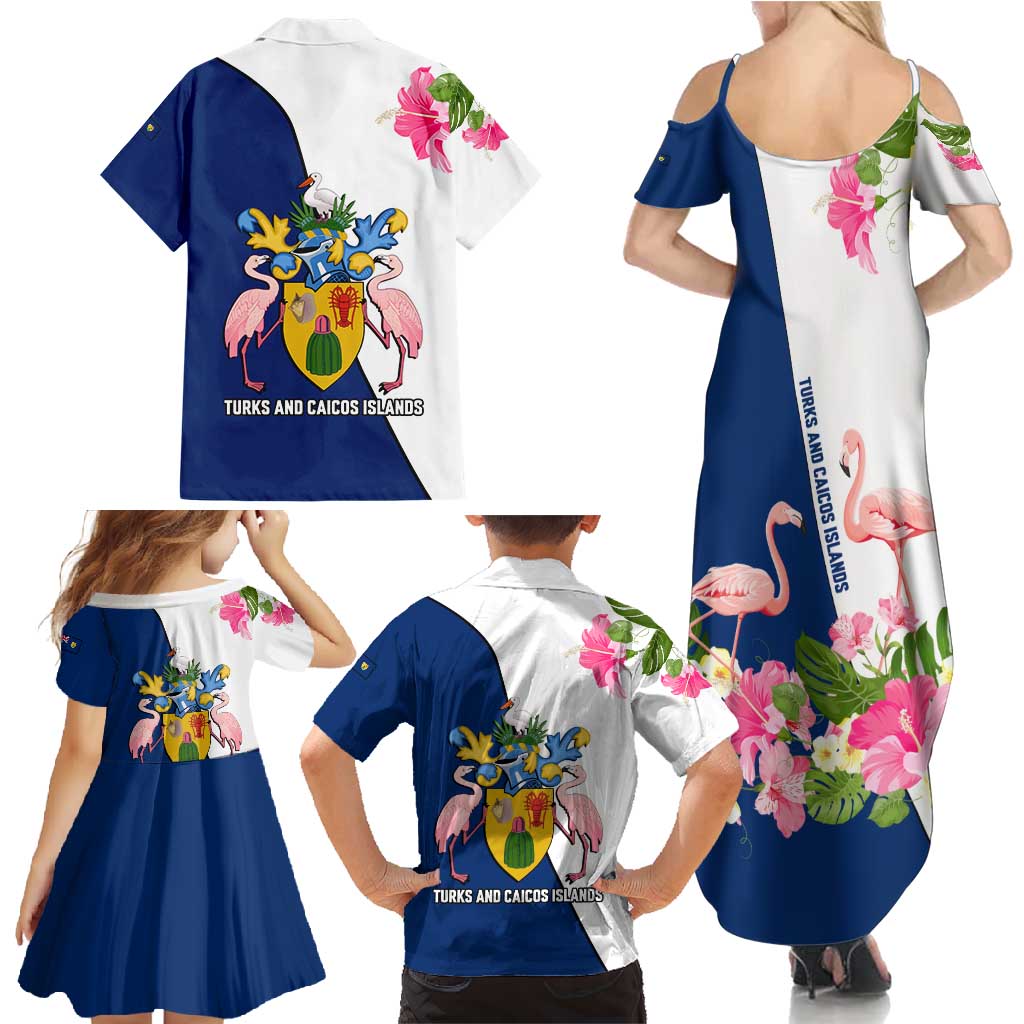 Turks and Caicos Islands Family Matching Summer Maxi Dress and Hawaiian Shirt with Flamingos Floral Pattern and National Crest Design - Wonder Print Shop