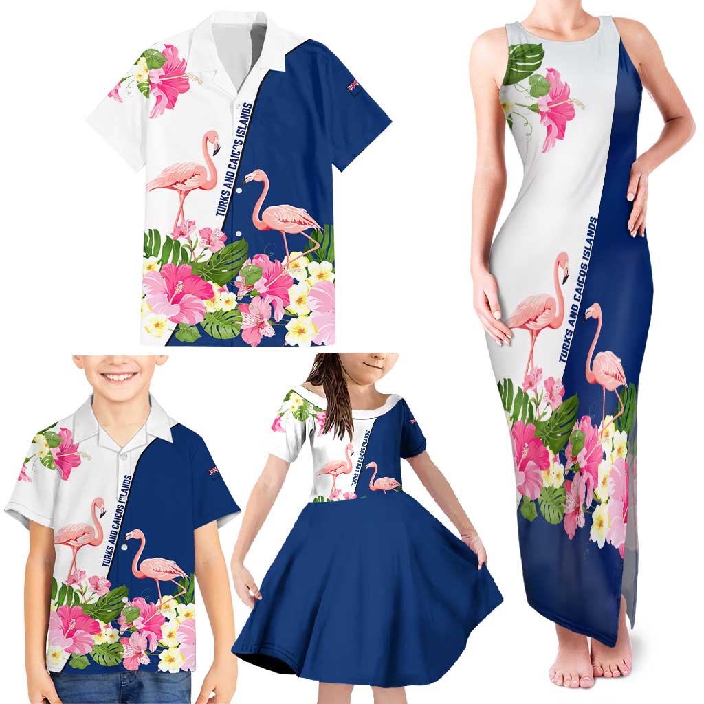 Turks and Caicos Islands Family Matching Tank Maxi Dress and Hawaiian Shirt with Flamingos Floral Pattern and National Crest Design - Wonder Print Shop