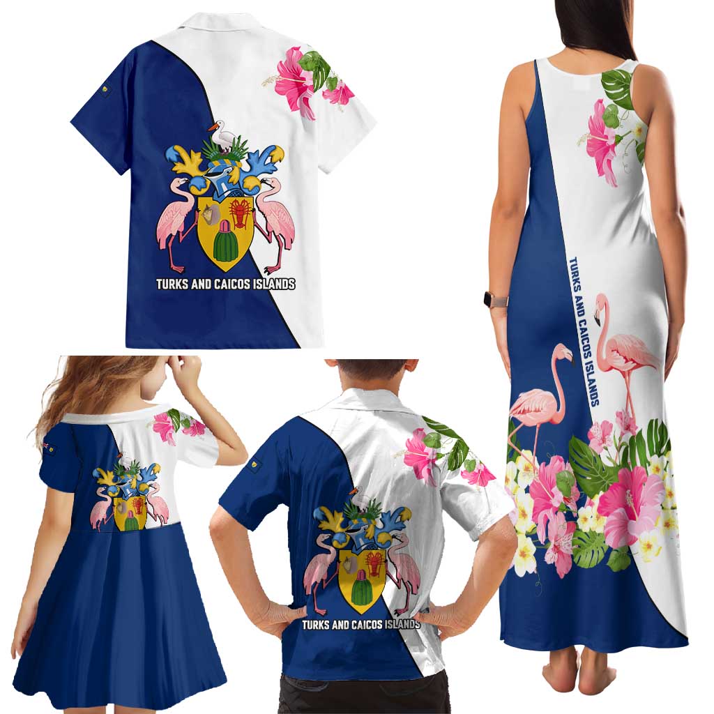 Turks and Caicos Islands Family Matching Tank Maxi Dress and Hawaiian Shirt with Flamingos Floral Pattern and National Crest Design - Wonder Print Shop