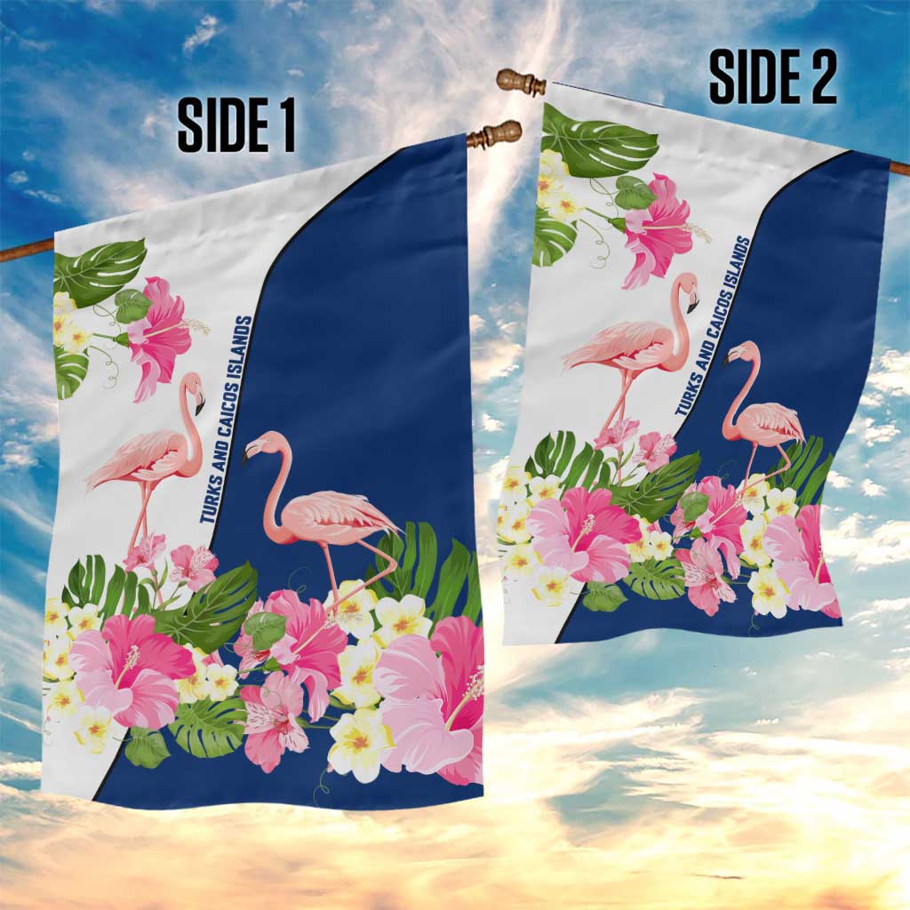 Turks and Caicos Islands Garden Flag with Flamingos Floral Pattern and National Crest Design - Wonder Print Shop
