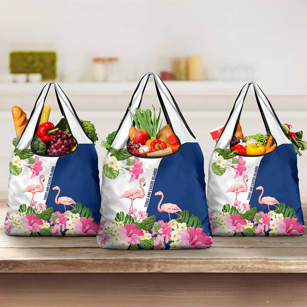 Turks and Caicos Islands Grocery Bag with Flamingos Floral Pattern and National Crest Design - Wonder Print Shop