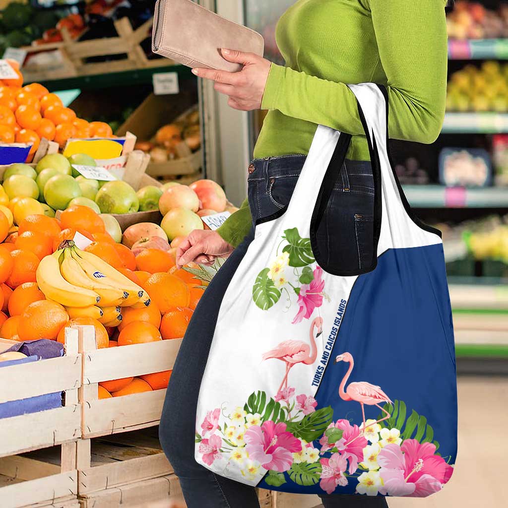Turks and Caicos Islands Grocery Bag with Flamingos Floral Pattern and National Crest Design - Wonder Print Shop