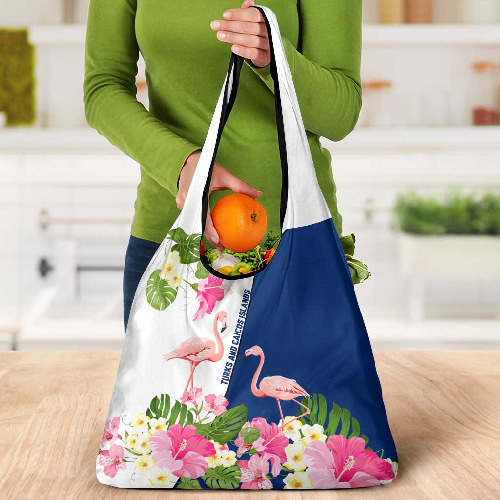 Turks and Caicos Islands Grocery Bag with Flamingos Floral Pattern and National Crest Design - Wonder Print Shop