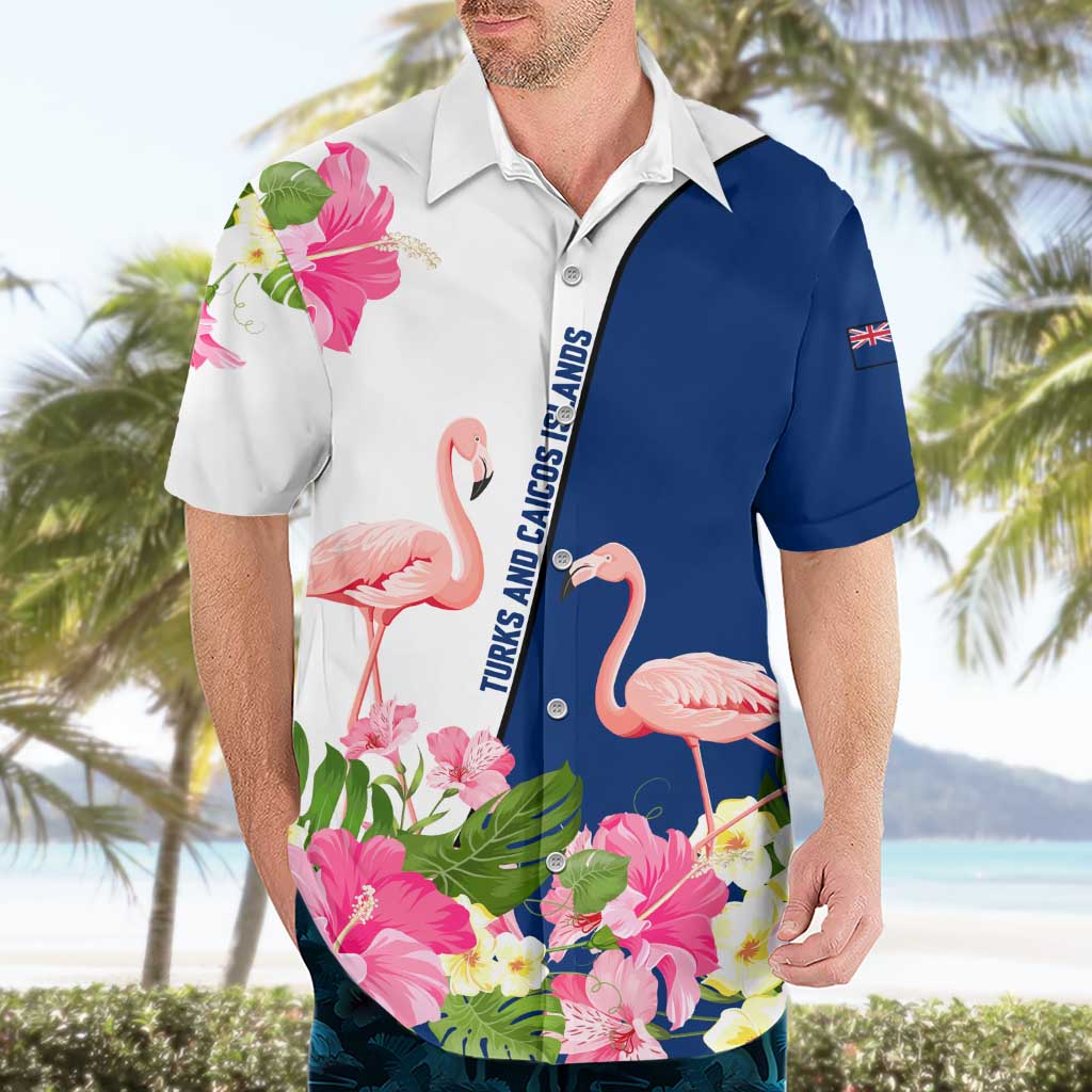 Turks and Caicos Islands Hawaiian Shirt with Flamingos Floral Pattern and National Crest Design - Wonder Print Shop