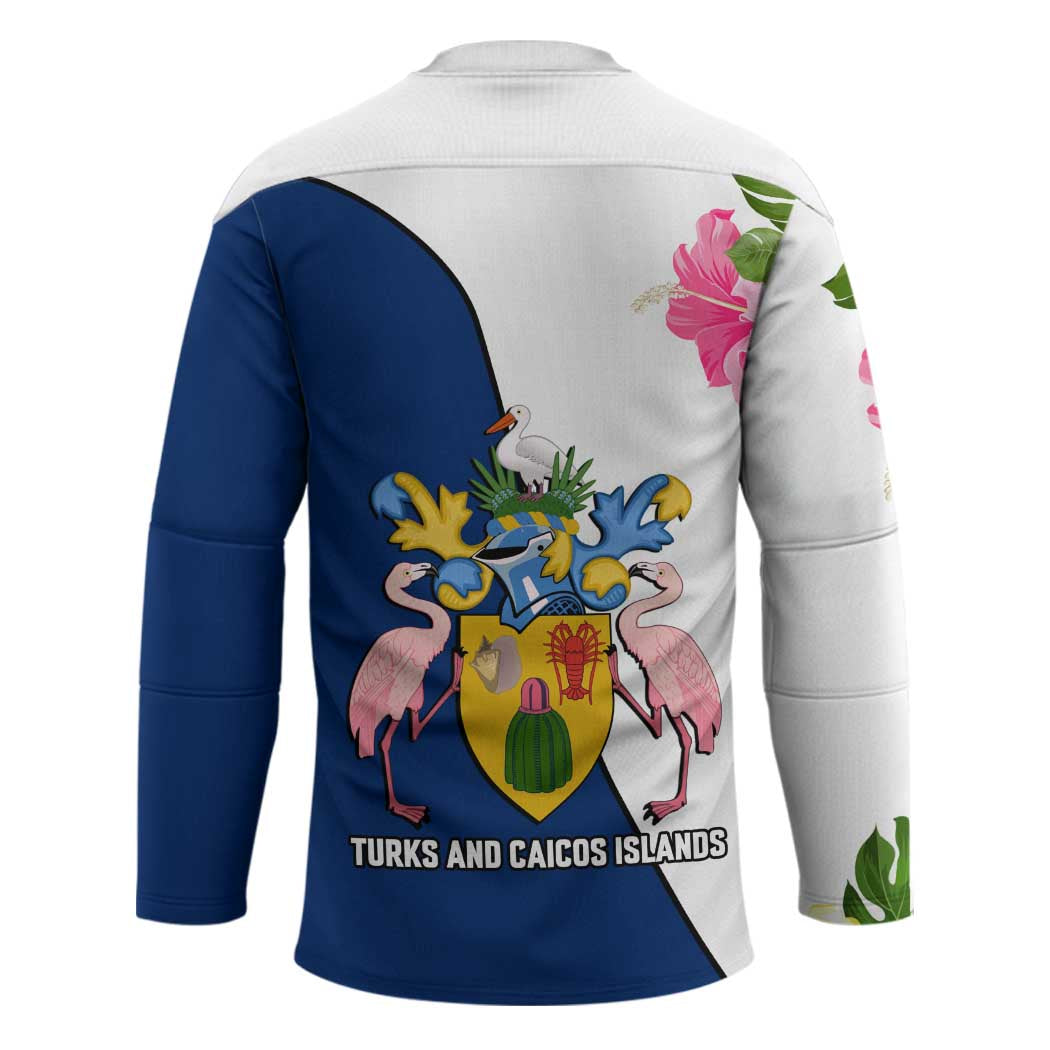 Turks and Caicos Islands Hockey Jersey with Flamingos Floral Pattern and National Crest Design - Wonder Print Shop