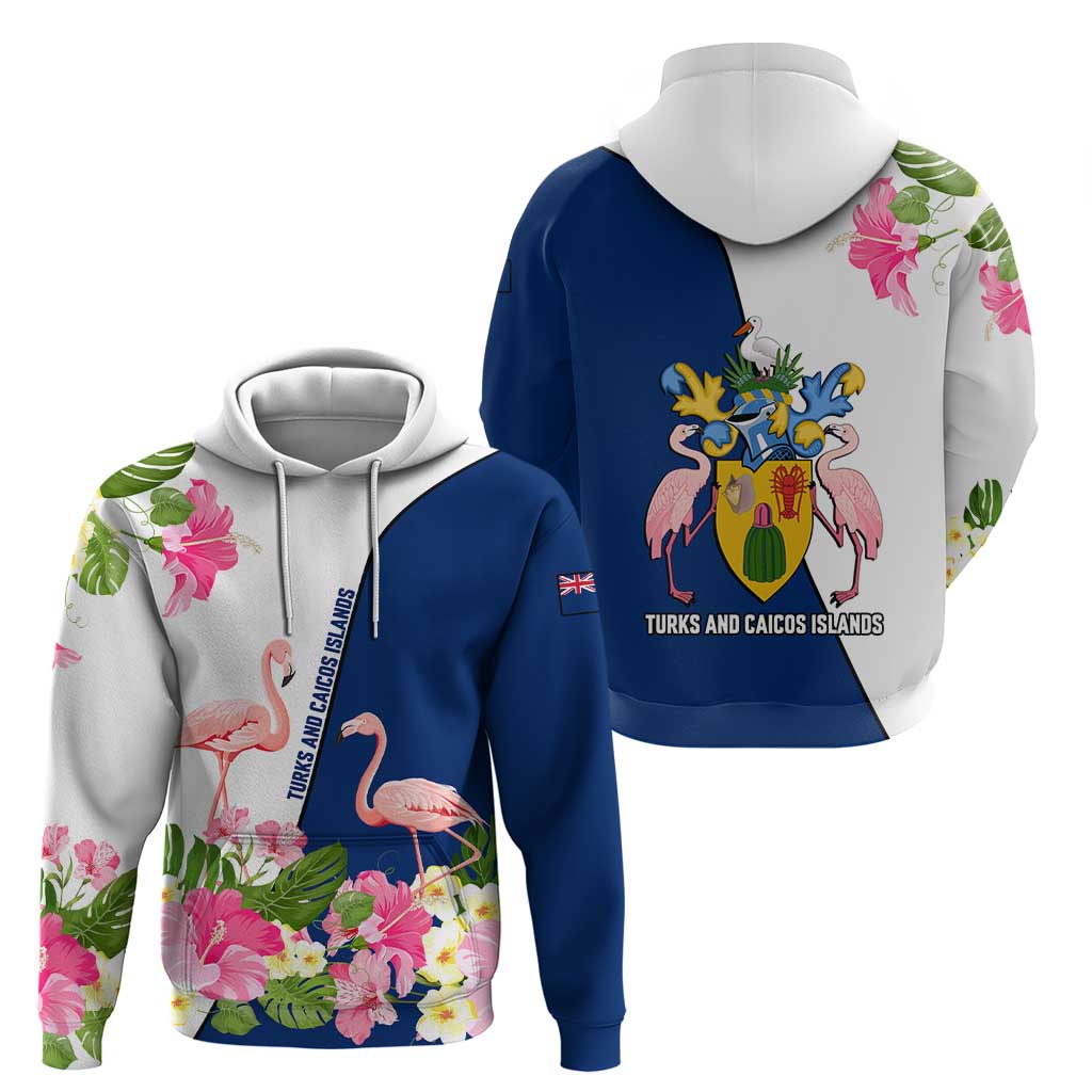 Turks and Caicos Islands Hoodie with Flamingos Floral Pattern and National Crest Design - Wonder Print Shop