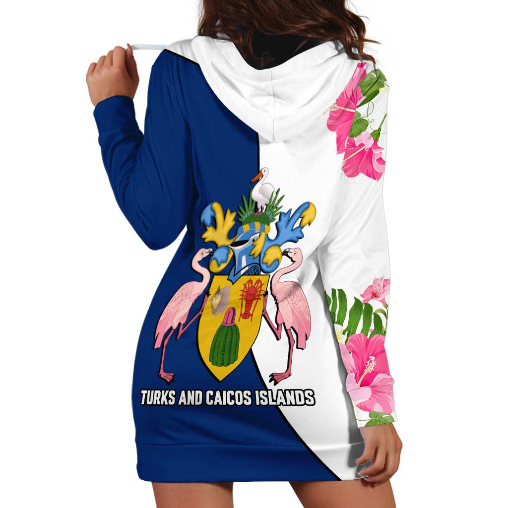 Turks and Caicos Islands Hoodie Dress with Flamingos Floral Pattern and National Crest Design - Wonder Print Shop