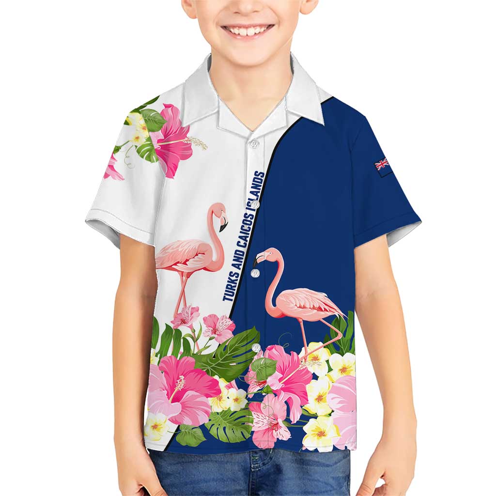 Turks and Caicos Islands Kid Hawaiian Shirt with Flamingos Floral Pattern and National Crest Design - Wonder Print Shop