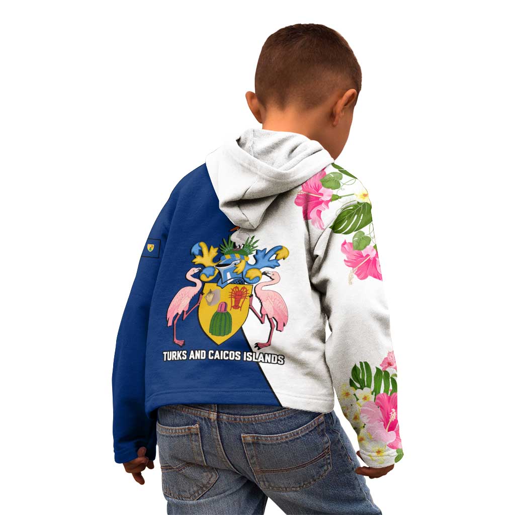 Turks and Caicos Islands Kid Hoodie with Flamingos Floral Pattern and National Crest Design - Wonder Print Shop
