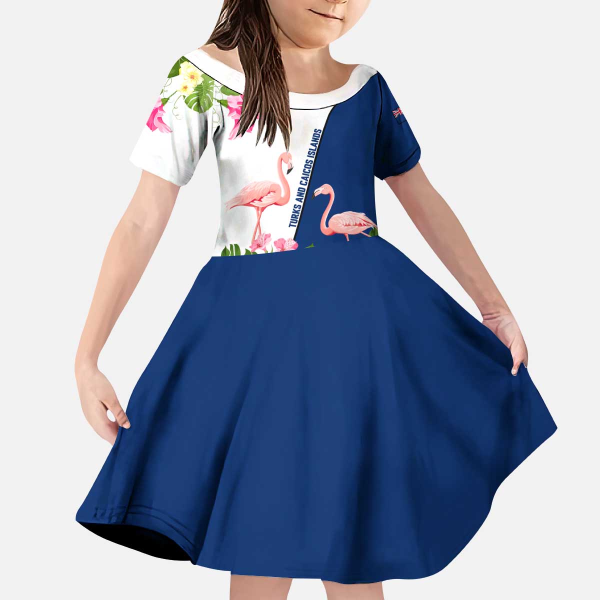 Turks and Caicos Islands Kid Short Sleeve Dress with Flamingos Floral Pattern and National Crest Design - Wonder Print Shop