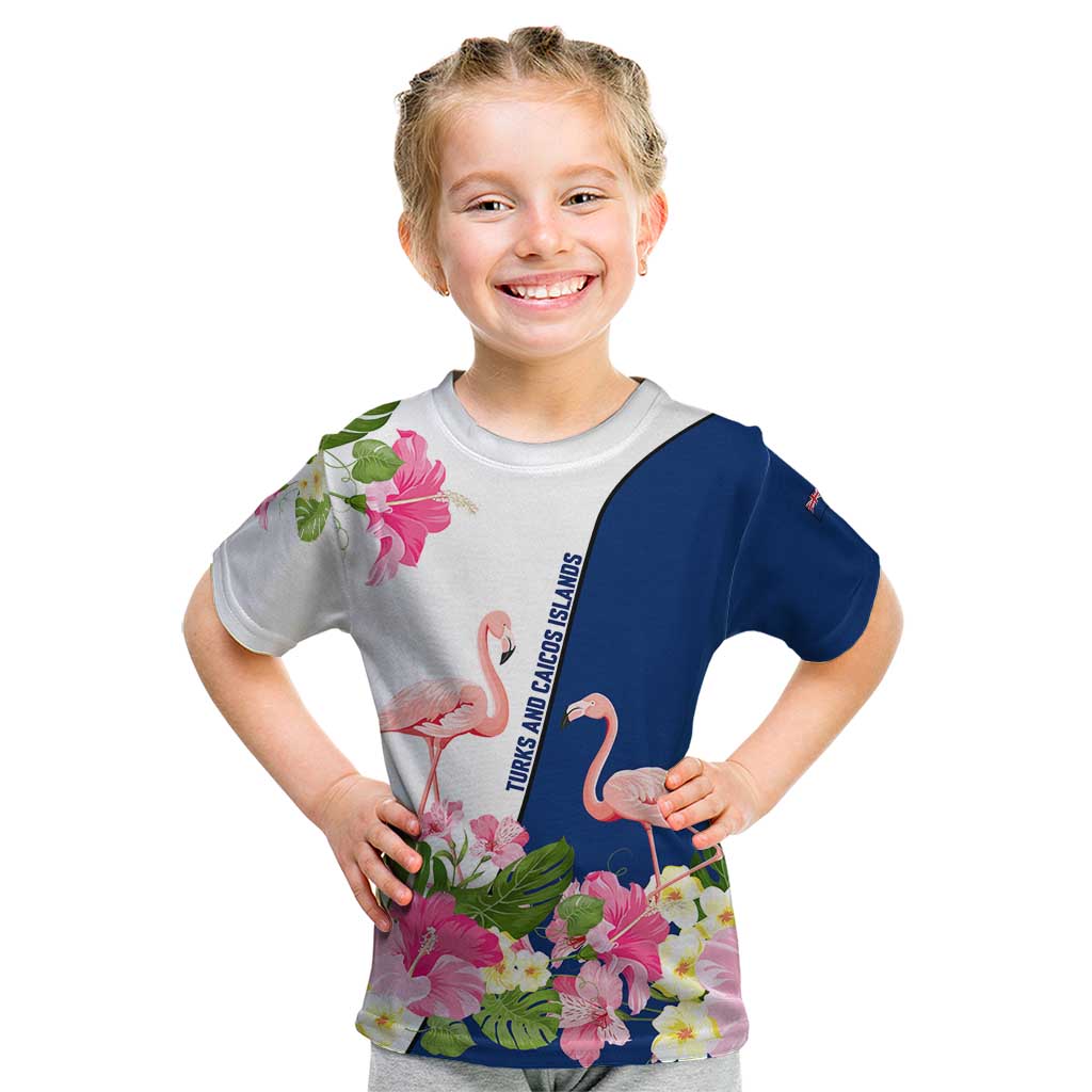 Turks and Caicos Islands Kid T Shirt with Flamingos Floral Pattern and National Crest Design - Wonder Print Shop