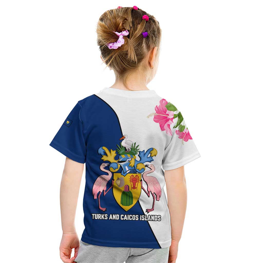 Turks and Caicos Islands Kid T Shirt with Flamingos Floral Pattern and National Crest Design - Wonder Print Shop