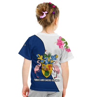 Turks and Caicos Islands Kid T Shirt with Flamingos Floral Pattern and National Crest Design - Wonder Print Shop