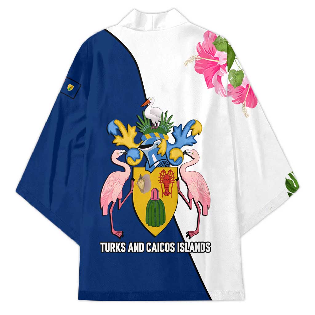 Turks and Caicos Islands Kimono with Flamingos Floral Pattern and National Crest Design - Wonder Print Shop