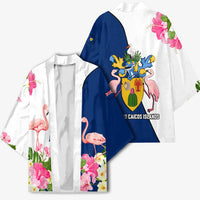 Turks and Caicos Islands Kimono with Flamingos Floral Pattern and National Crest Design - Wonder Print Shop