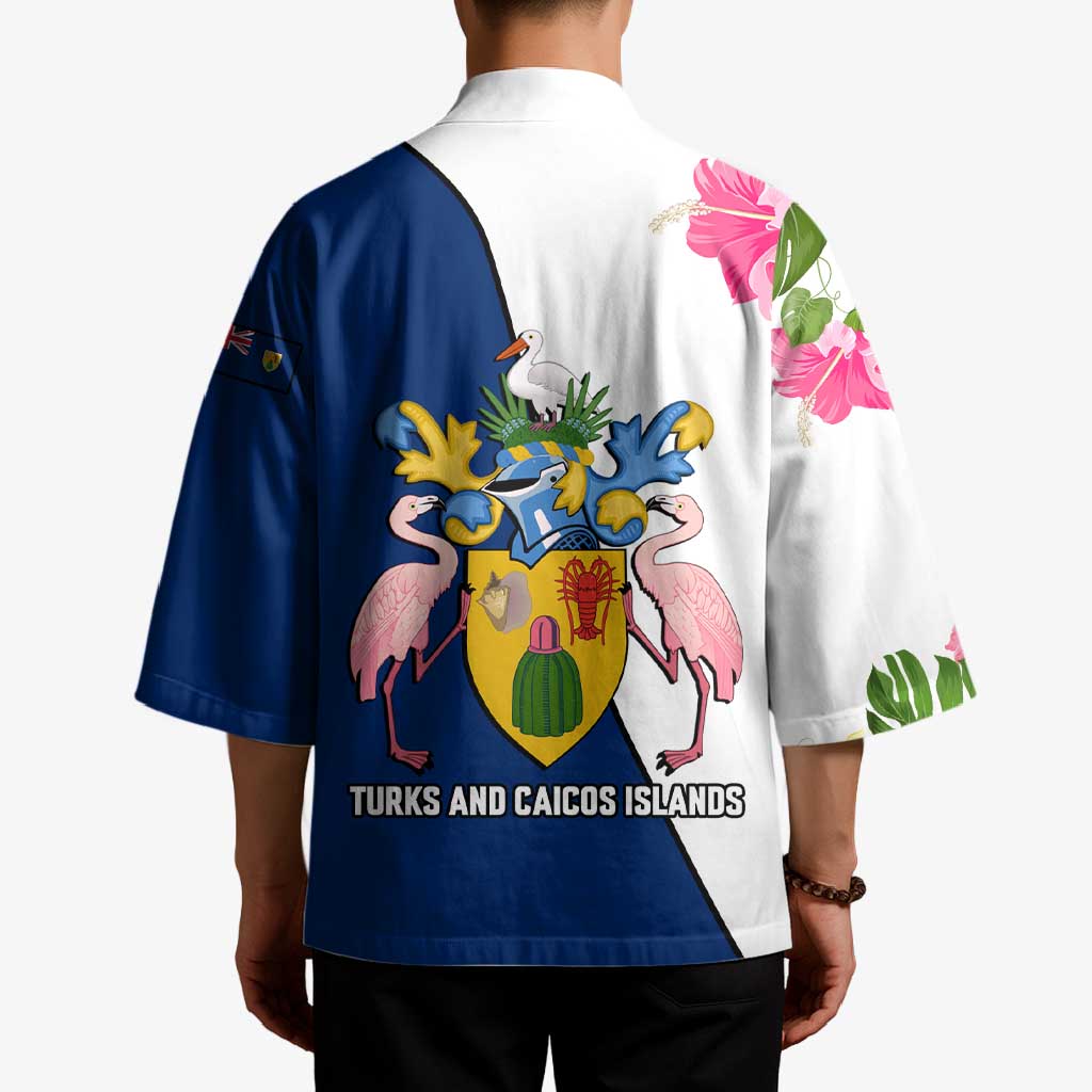 Turks and Caicos Islands Kimono with Flamingos Floral Pattern and National Crest Design - Wonder Print Shop
