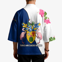 Turks and Caicos Islands Kimono with Flamingos Floral Pattern and National Crest Design - Wonder Print Shop
