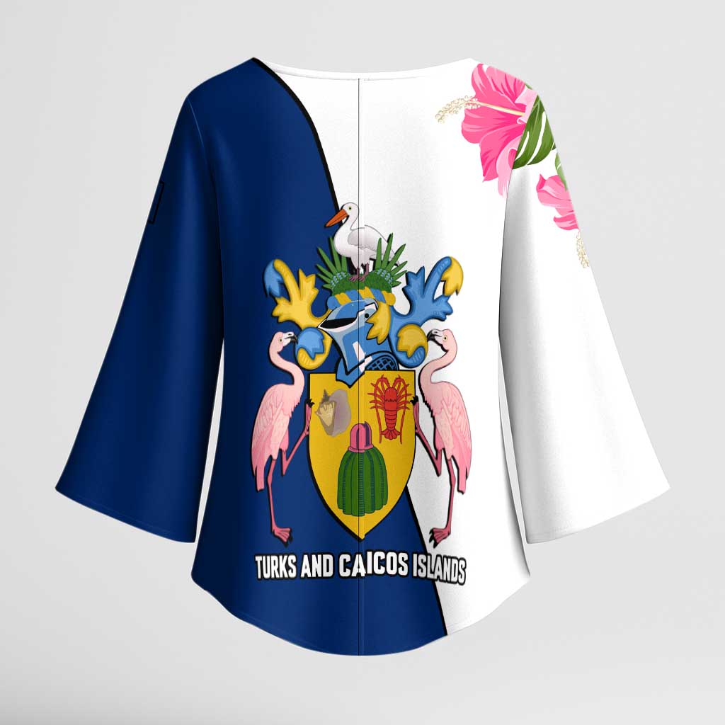 Turks and Caicos Islands Kimono Sleeve Blouse with Flamingos Floral Pattern and National Crest Design - Wonder Print Shop