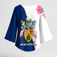 Turks and Caicos Islands Kimono Sleeve Blouse with Flamingos Floral Pattern and National Crest Design - Wonder Print Shop