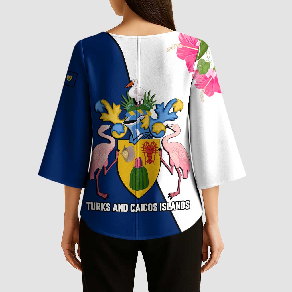Turks and Caicos Islands Kimono Sleeve Blouse with Flamingos Floral Pattern and National Crest Design - Wonder Print Shop