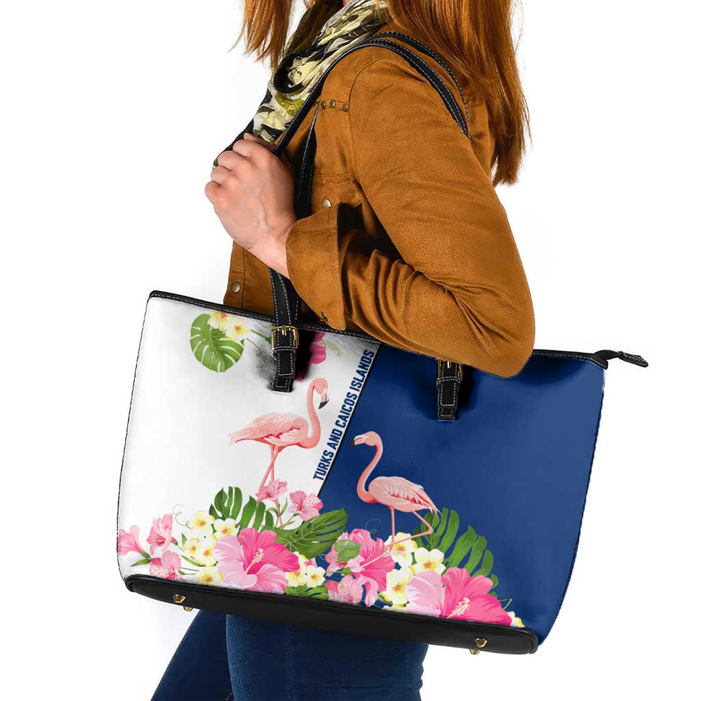 Turks and Caicos Islands Leather Tote Bag with Flamingos Floral Pattern and National Crest Design - Wonder Print Shop