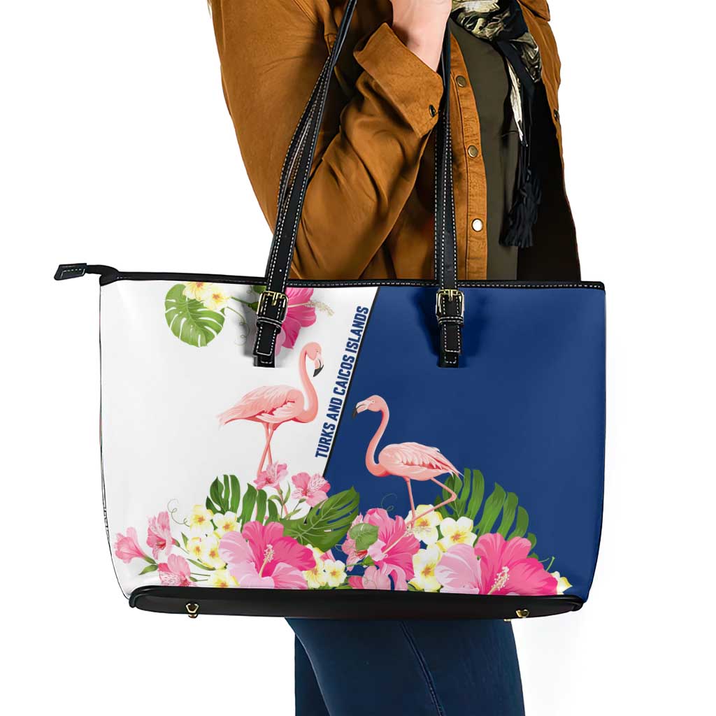 Turks and Caicos Islands Leather Tote Bag with Flamingos Floral Pattern and National Crest Design - Wonder Print Shop
