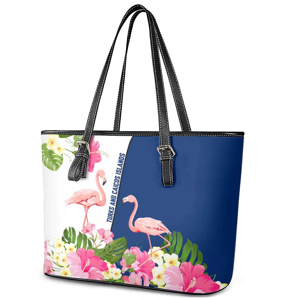 Turks and Caicos Islands Leather Tote Bag with Flamingos Floral Pattern and National Crest Design - Wonder Print Shop