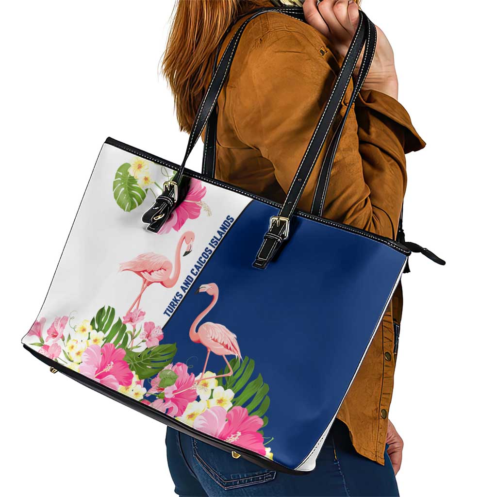 Turks and Caicos Islands Leather Tote Bag with Flamingos Floral Pattern and National Crest Design - Wonder Print Shop
