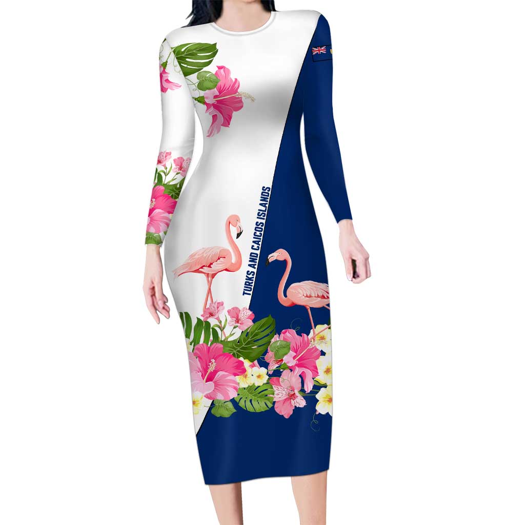 Turks and Caicos Islands Long Sleeve Bodycon Dress with Flamingos Floral Pattern and National Crest Design - Wonder Print Shop